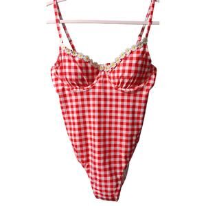 No Boundaries Size M(8-10) Red & White Gingham Daisy Trim NEW Underwire Cheeky